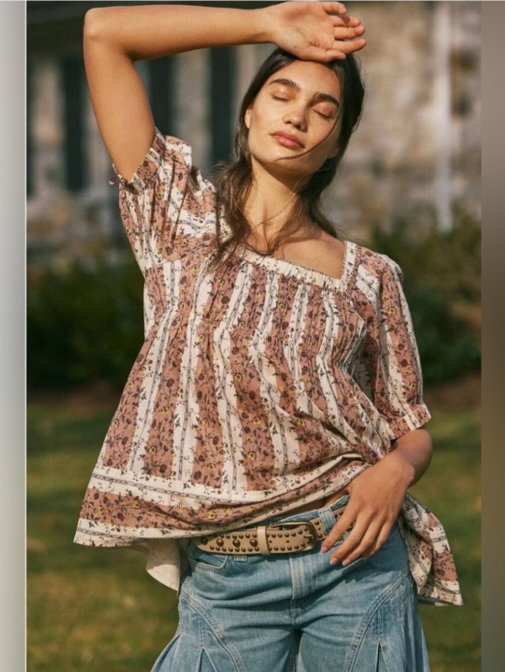 Free People Vintage Lover Floral Square Neck Peasant Top Size S